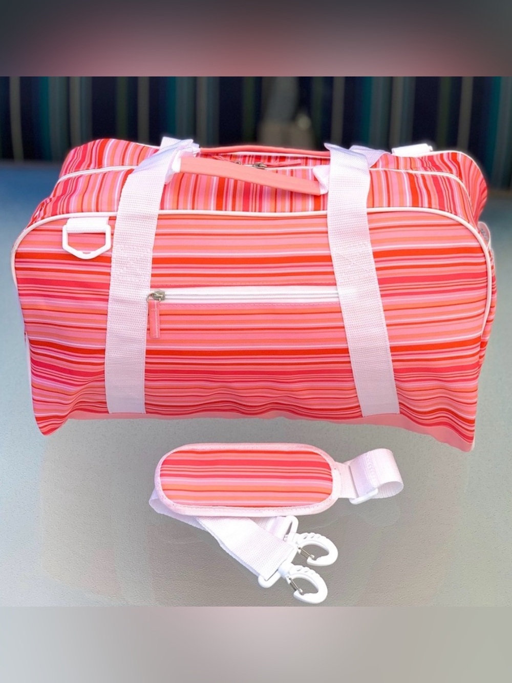 Bright Pink and Orange Striped Lightweight Weekender Duffle Bag